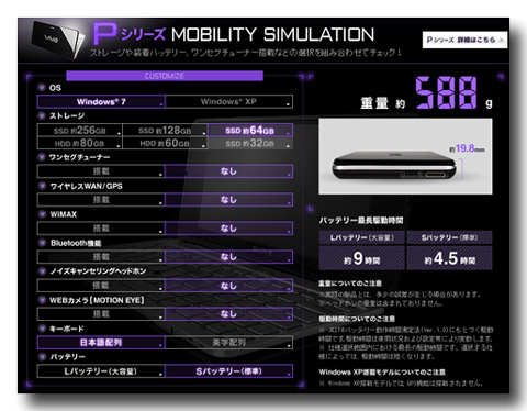 VAIO Pシリーズ　の最軽量モデルは588g